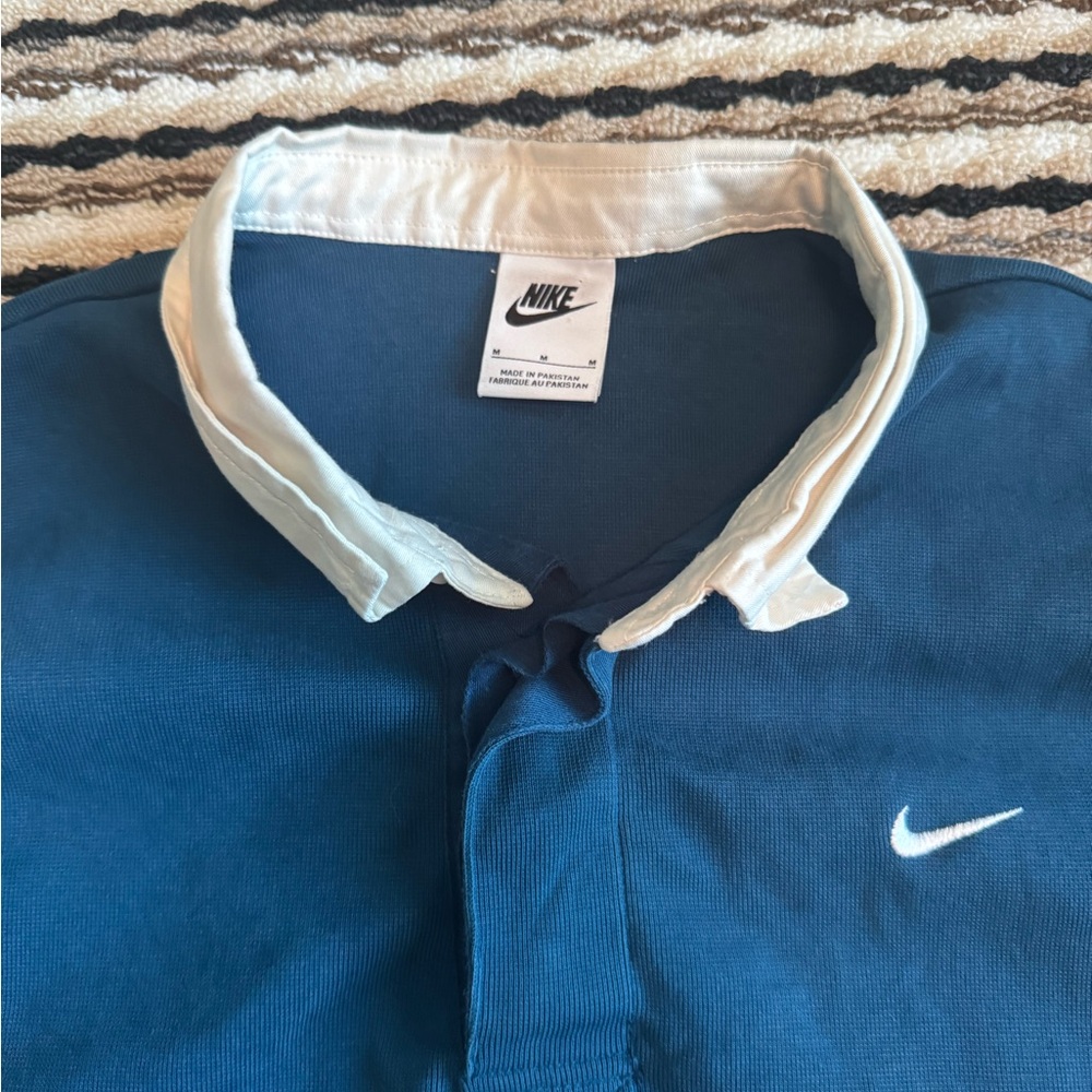 Nike Polo Shirt Blue and White Long Sleeve